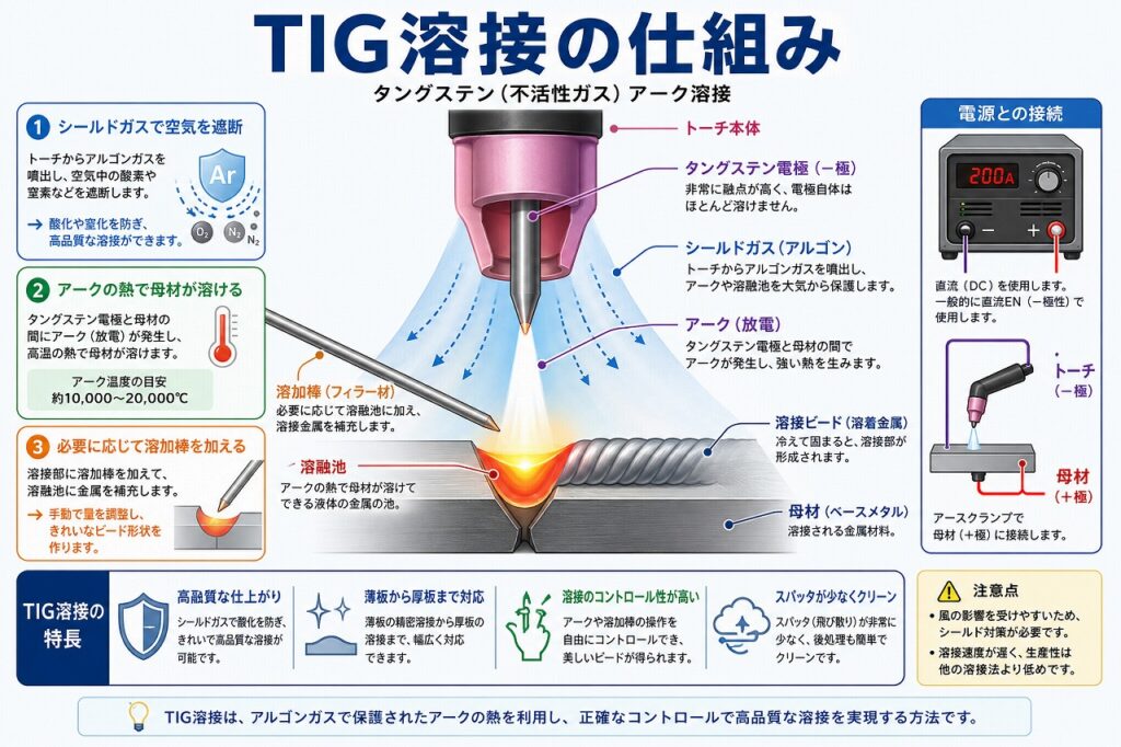 TIG溶接の仕組みを解説した図解イラスト