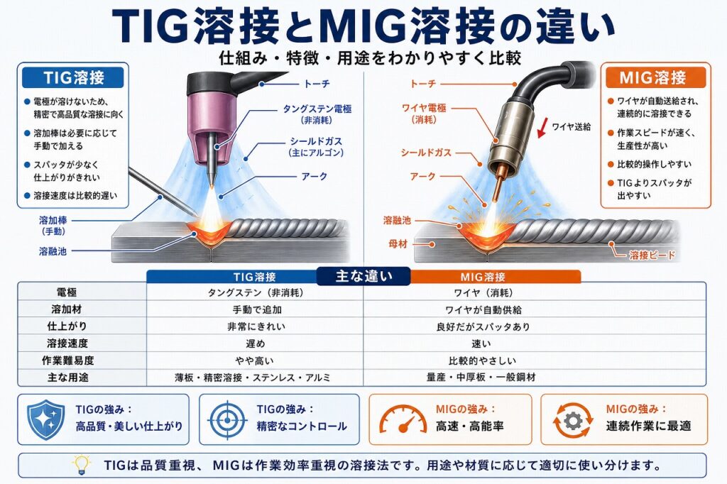 TIG溶接とMIG溶接の違いを比較した図解イラスト