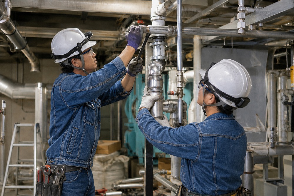 配管設備の点検・交換作業を行う作業員
