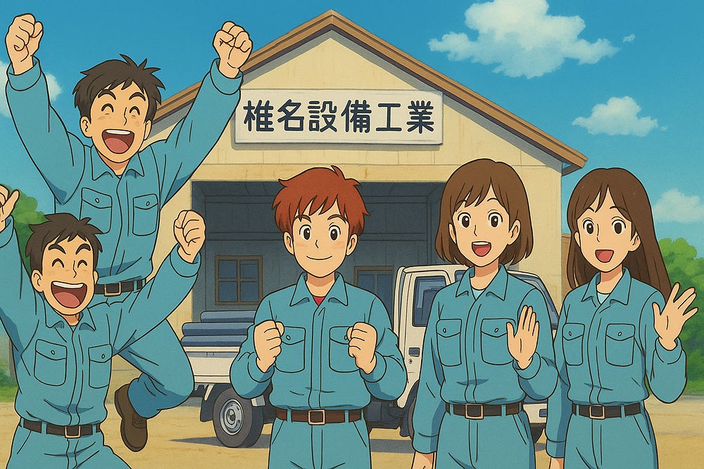 株式会社椎名設備工業の工場の前で歓迎している正社員5人のイラスト