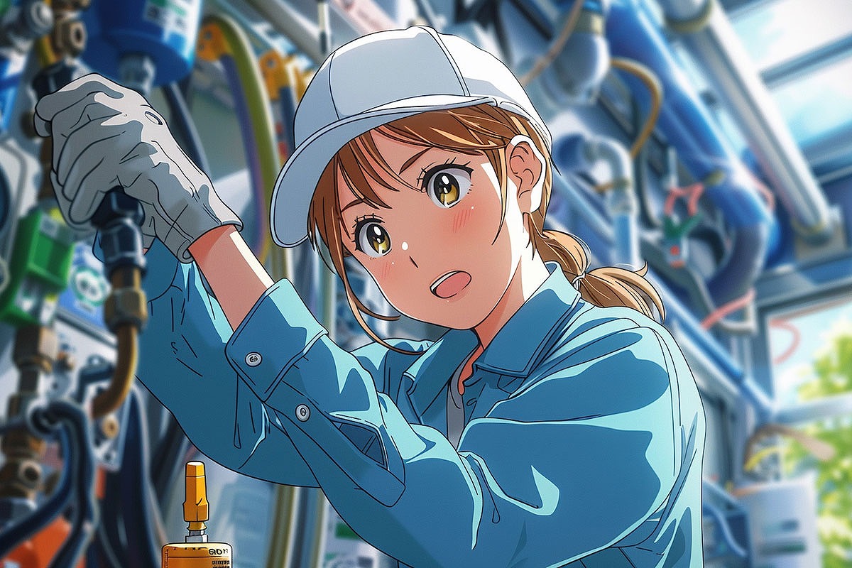 白い帽子をかぶった作業員が配管工事をしているイラスト