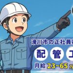 滑川市の正社員募集、白いヘルメットをかぶった作業員が青空を指さしているイラスト
