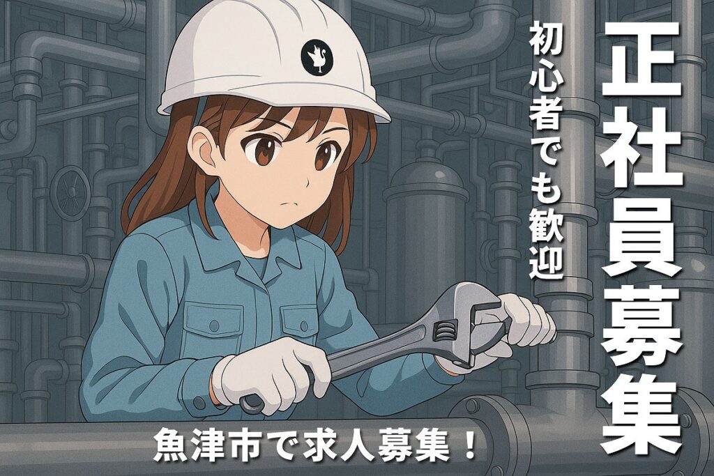 背景はプラント配管。白いヘルメットをかぶって作業をしている女性作業員イラスト。魚津市で求人募集！正社員募集の文字付き。