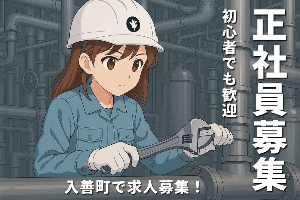 背景はプラント配管。白いヘルメットをかぶって作業をしている女性作業員イラスト。入善町で求人募集！正社員募集の文字付き。