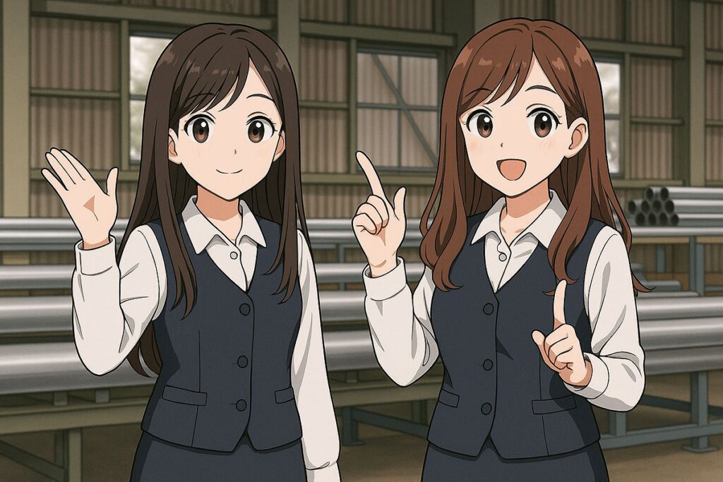 椎名設備工業の事務員が工場内でアピールポーズをしているイラスト