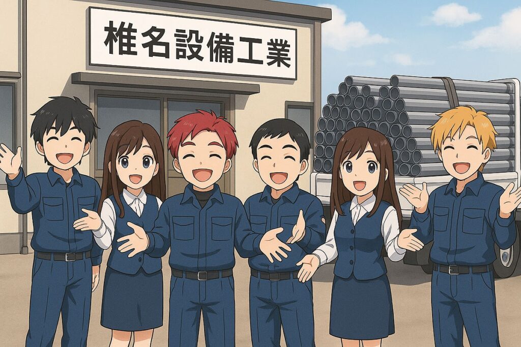 椎名設備工業の正社員が工場の前で笑顔で歓迎しているイラスト
