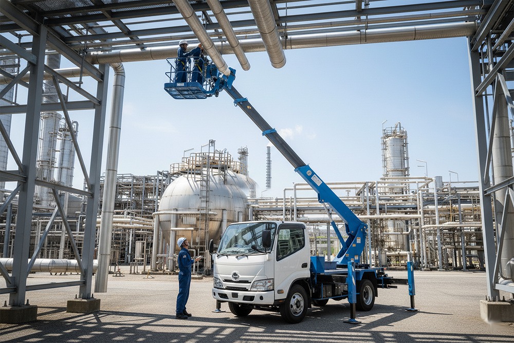 プラント施設で高所作業車を使用し配管工事を行う技術者。TIG・アーク溶接に対応した設備工事現場｜椎名設備工業