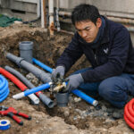 給排水管の引き直し工事で、作業員が地面を掘削した配管部分にバルブを取り付けている様子