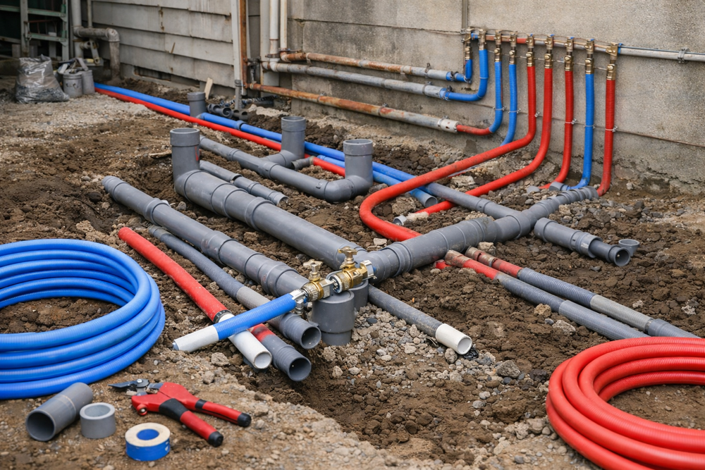 給排水の引き直し工事で、建物外周に新しい給水管と排水管を全面的に敷設している施工全体の様子