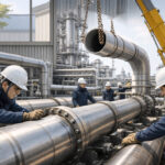 工場プラント内で作業員が大型ステンレス配管を設置・ボルト締めしている施工風景