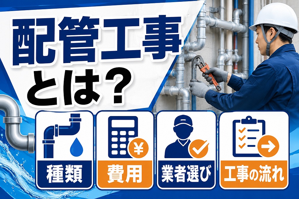 配管工事とは何かを解説するアイキャッチ画像。配管を点検する作業員と、種類・費用・業者選び・工事の流れを示すアイコンが配置されている。