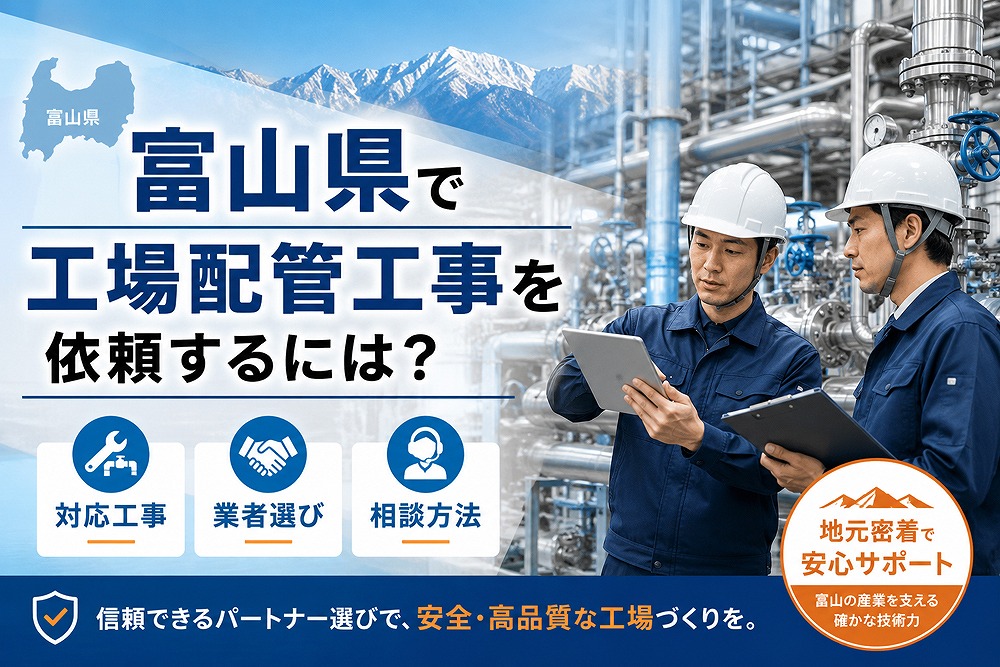 富山県の工場配管設備を背景に、ヘルメットを着用した作業員2名が図面を確認する様子。「富山県で工場配管工事を依頼するには？対応工事・業者選び・相談方法」と表示された記事画像