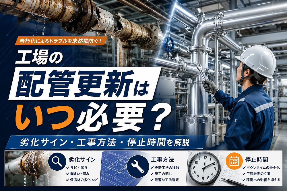 老朽化した配管と更新後の工場配管を背景に、ヘルメット姿の作業員が設備を点検する様子。「工場の配管更新はいつ必要？劣化サイン・工事方法・停止時間を解説」と表示された記事画像