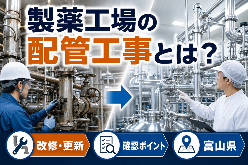 製薬工場の老朽化した配管の改修・更新と、施工後の配管設備を確認する作業員