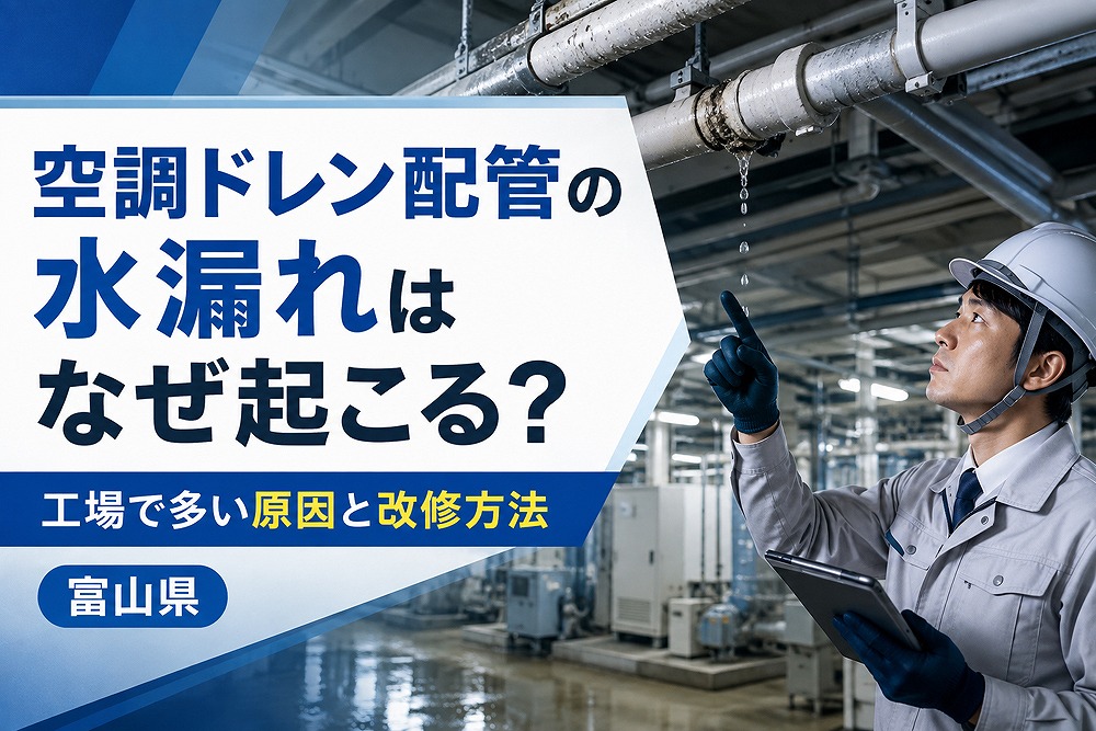 富山県の工場で空調ドレン配管の水漏れを点検する作業員