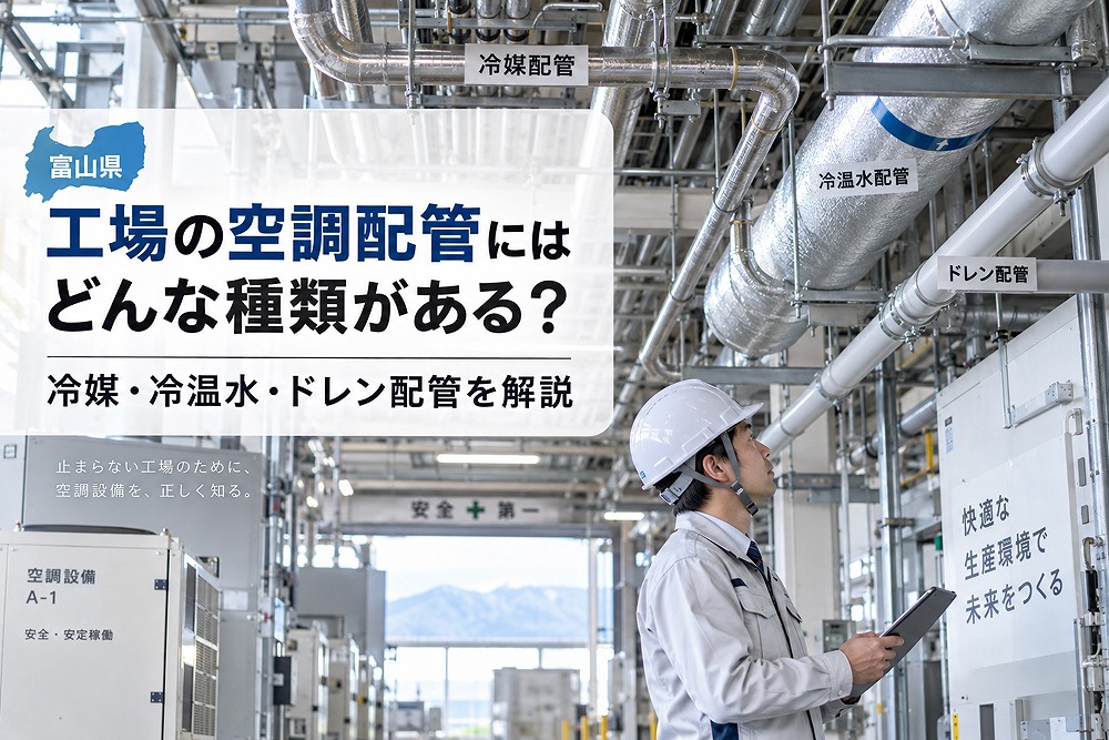 富山県の工場で冷媒・冷温水・ドレン配管を点検する作業員