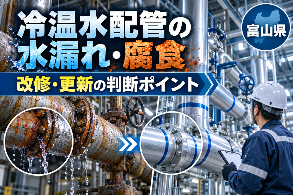 富山県の工場で冷温水配管の水漏れや腐食を点検する作業員
