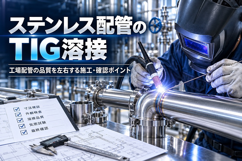 工場でステンレス配管をTIG溶接する作業員