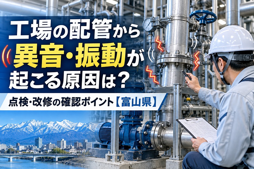 富山県の工場で異音・振動が発生した配管とポンプを点検する作業員