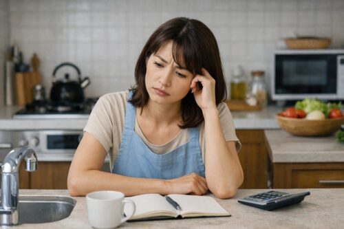 キッチンで水回りのトラブルに悩む主婦の様子