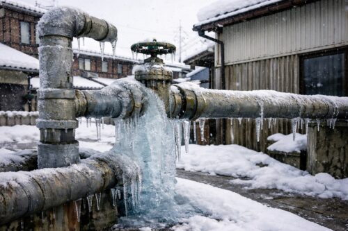 冬の富山県で凍結した屋外配管の様子