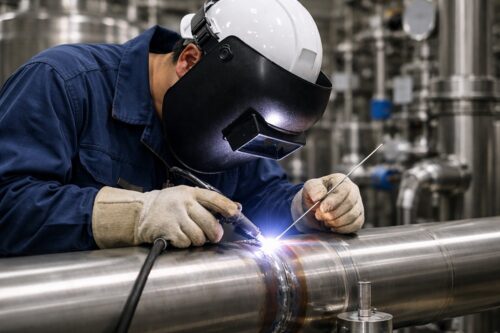 配管設備工事で溶接作業を行う職人の様子